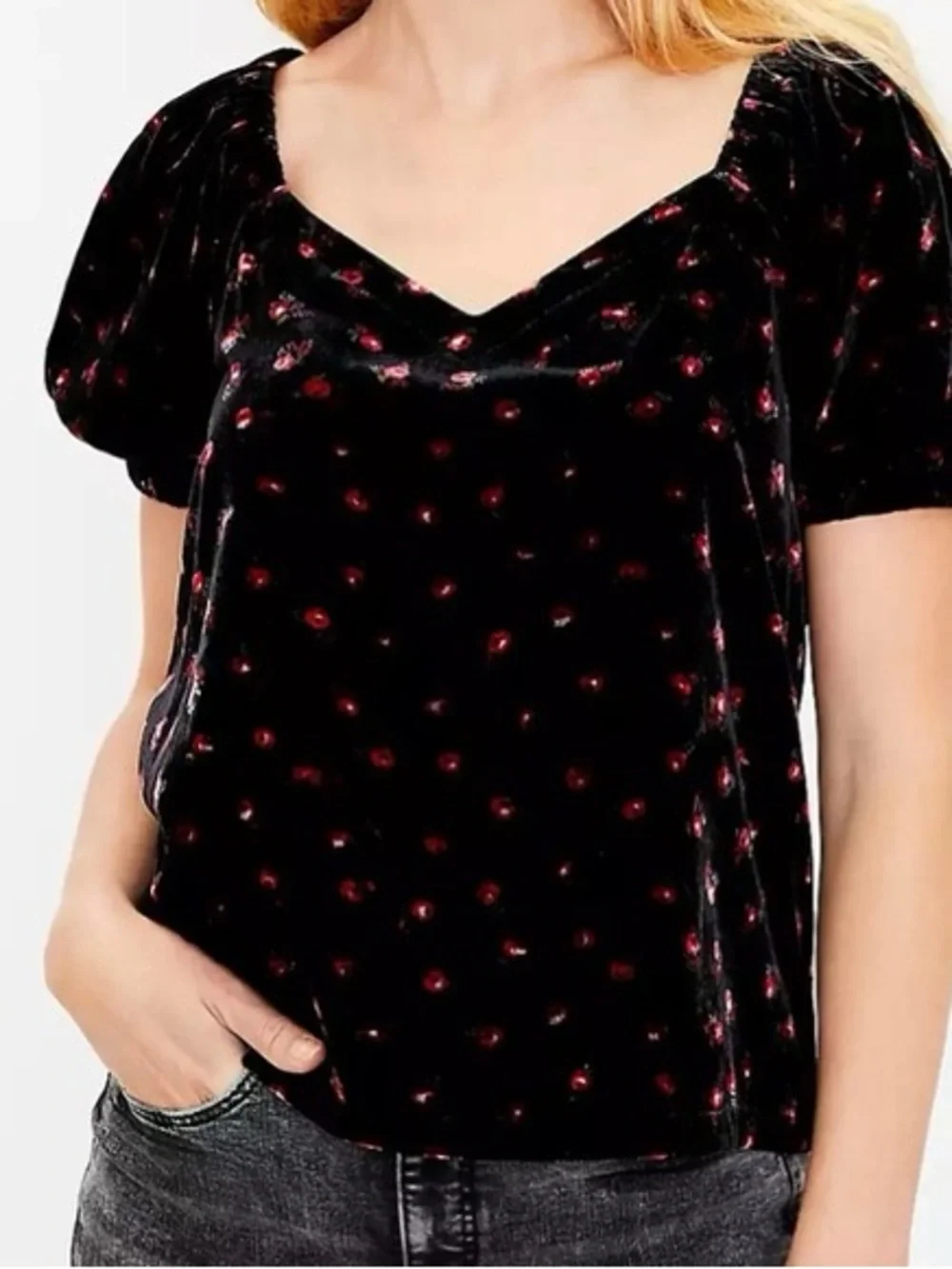 LOFT Black Velvet Floral Puff-Sleeve Top XS